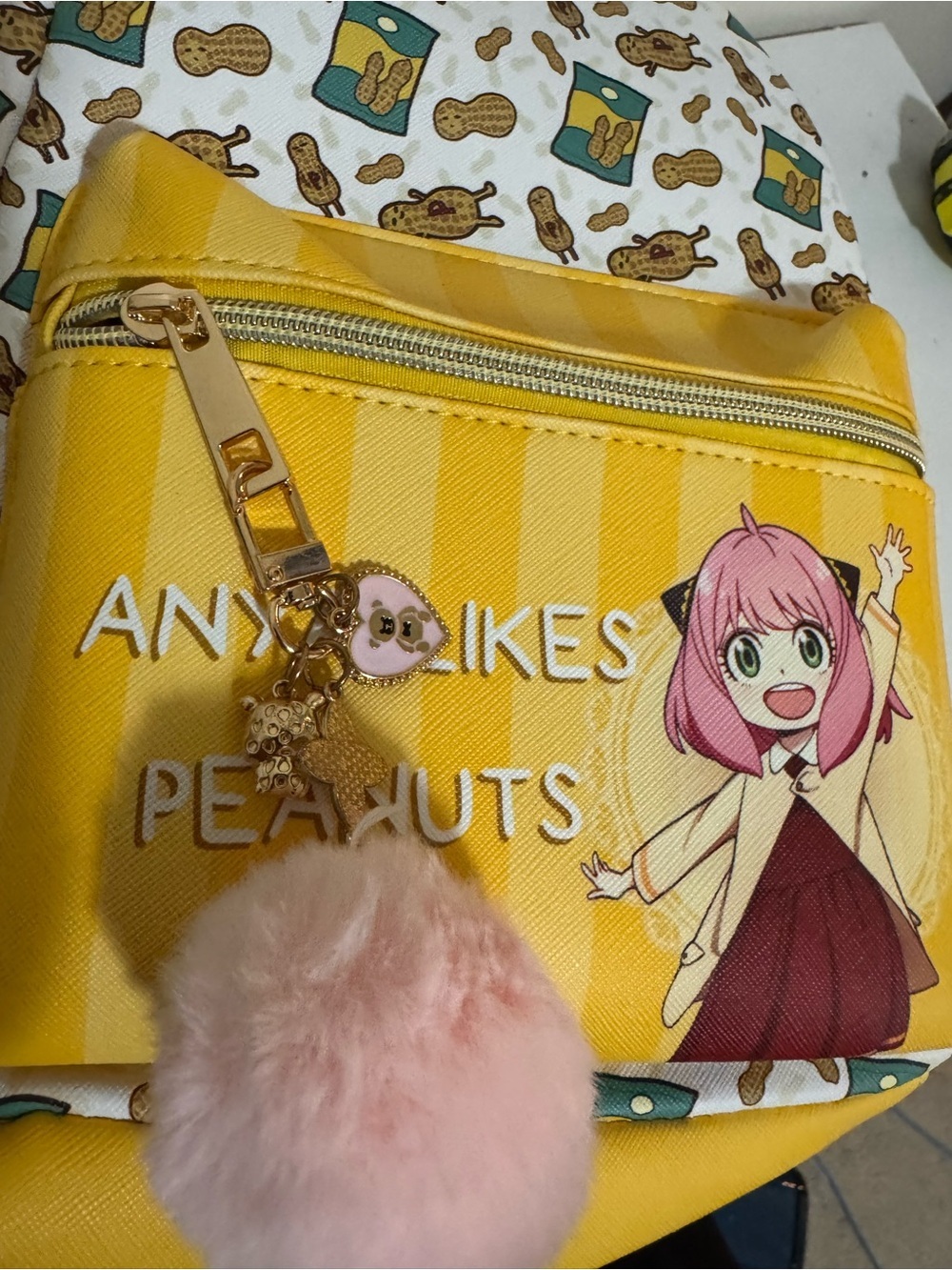 Anya Likes Peanuts Yellow Kids Backpack with Pom Pom Charm - Picture 6 of 11